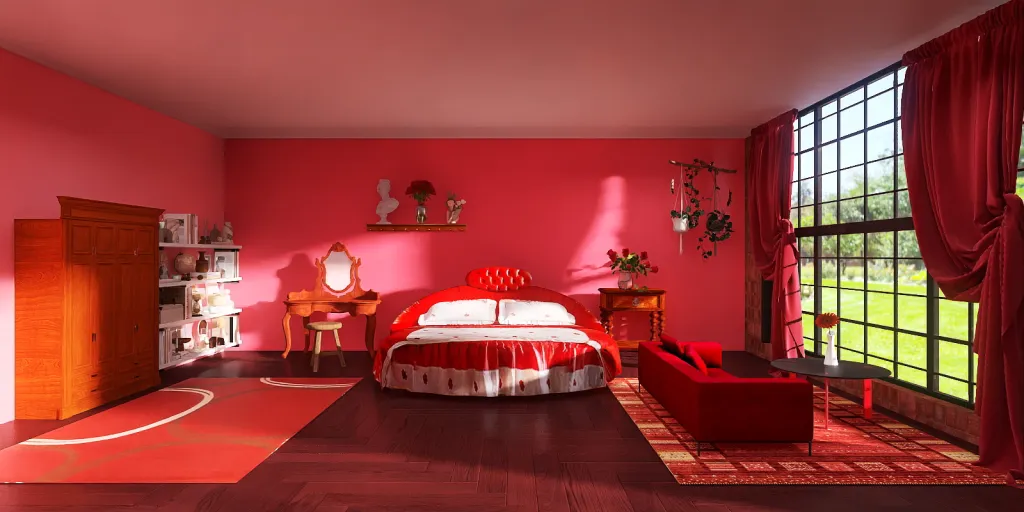 a room with a red carpet and a red bed 