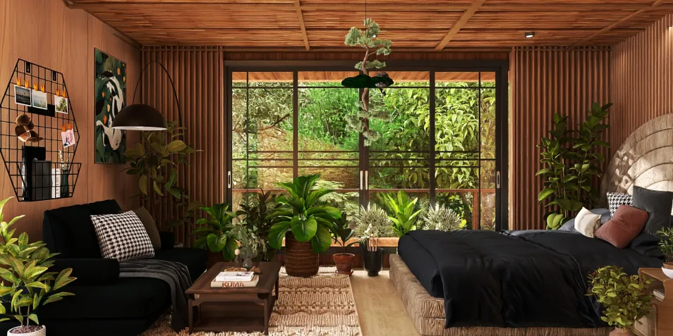 A cozy bedroom featuring a stylish black bed and a comfortable sofa, decorated with various indoor plants, emphasizing a natural and calming atmosphere. This interior design utilizes Homestyler's real-time 3D rendering feature for a quick design proposal showcase.