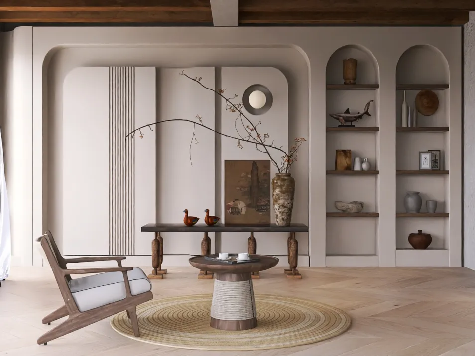 modern living room design featuring a stylish armchair and a circular coffee table, showcasing minimalist decor with earthy tones and textures for an inviting ambiance, utilizing Homestyler's real-time 3D rendering feature.