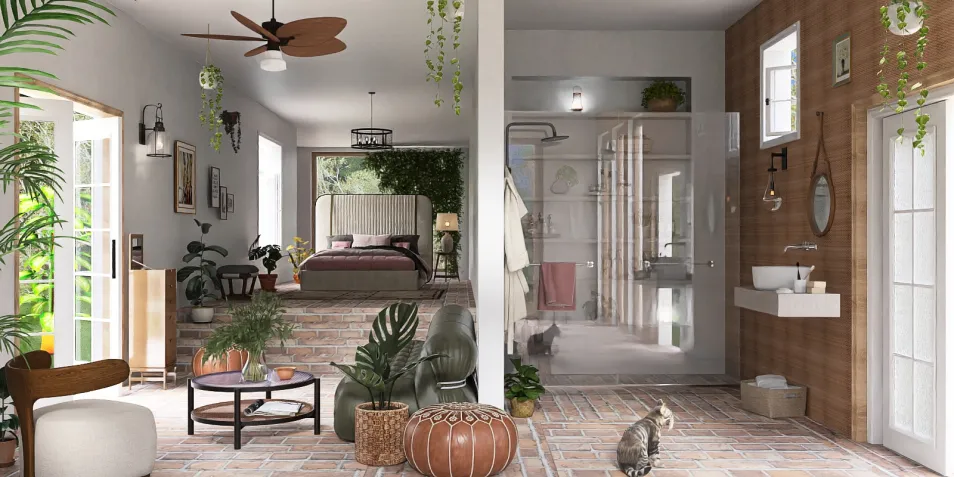 modern living room design with integrated bedroom and bathroom areas featuring natural elements and greenery, showcasing homestyler's real-time 3D rendering capability.