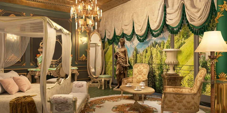 luxurious bedroom featuring an ornate four-poster bed and elegant furniture, showcasing a vintage baroque style, highlighting the interior decor with Homestyler's real-time 3D rendering feature