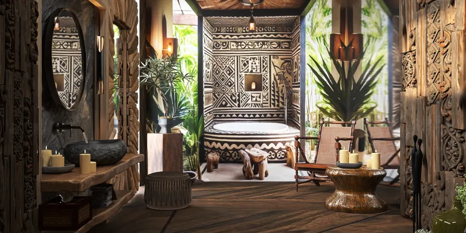 cozy bathroom with tribal patterns featuring decorative plants and wooden furniture using Homestyler's 3D rendering for interior visualization