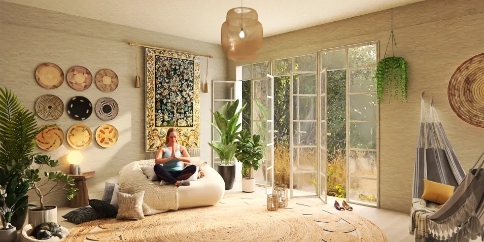 A woman meditating in a cozy living room with natural light, showcasing a bohemian style and indoor plants, emphasizing interior decor with Homestyler's real-time 3D rendering feature.