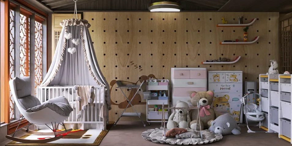 modern nursery featuring a stylish crib, soft rocking chair, and playful decor, designed with smart furniture arrangement for small spaces using Homestyler's 3D rendering feature.