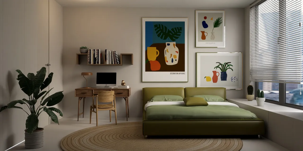 a living room with a couch, a table, and a painting 