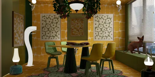 Green metal, pink cat/carpet, yellow wall