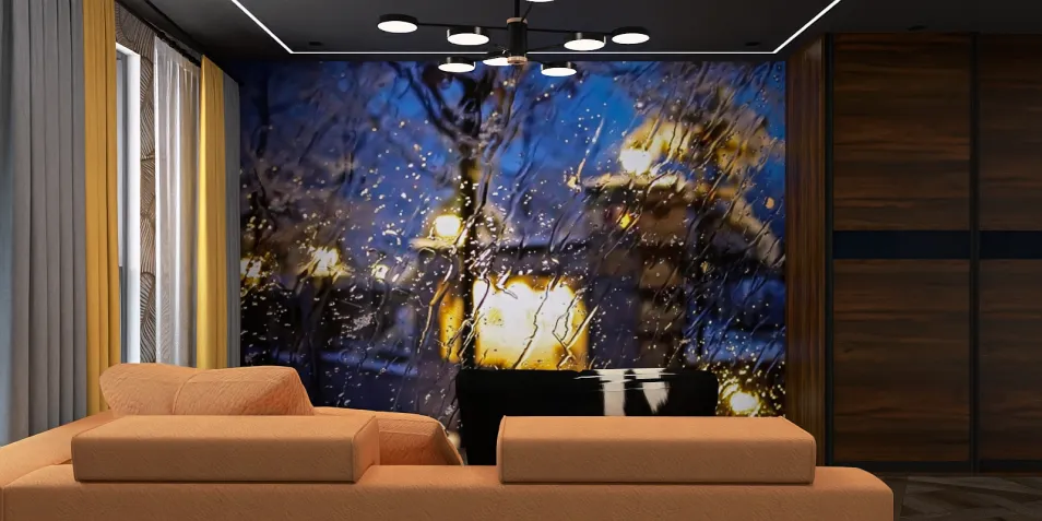 Cozy sofa arrangement with a rainy night backdrop design, featuring modern aesthetics for enhancing relaxation in a living room, utilizing Homestyler's real-time 3D rendering feature.
