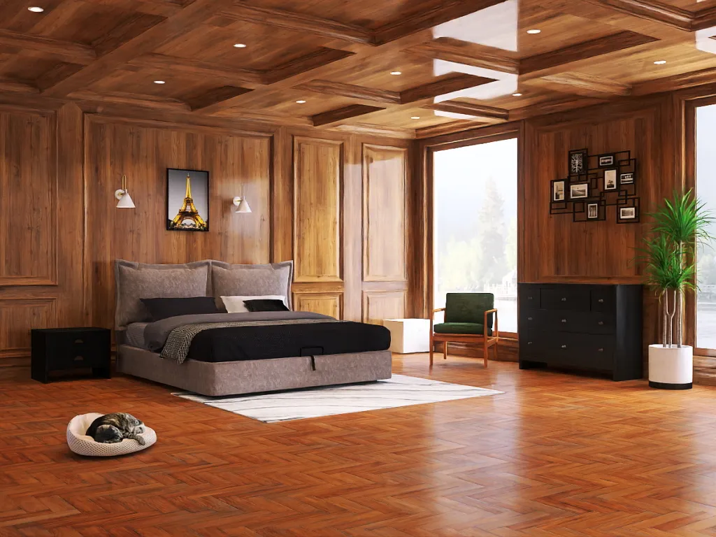 a large bed in a room with a wooden floor 
