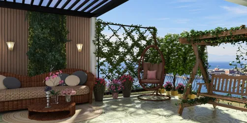 Lush outdoor terrace with wicker seating and hanging plants showcasing a modern garden design for relaxation and social gatherings, utilizing Homestyler's real-time 3D rendering feature.