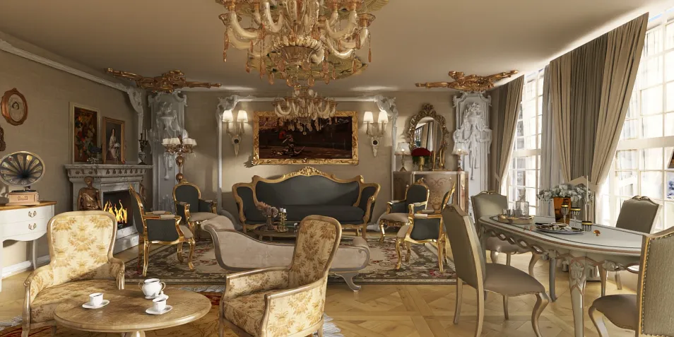 luxurious living room showcasing elegant furniture arrangement in classic style with a focus on interior decor; featuring Homestyler's real-time 3D rendering for design proposal presentation.