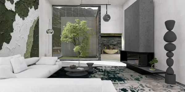 modern living room design featuring a minimalist sofa arrangement, showcasing a naturalistic style with green wall accents and a tranquil interior space value, utilizing Homestyler's real-time 3D rendering feature.