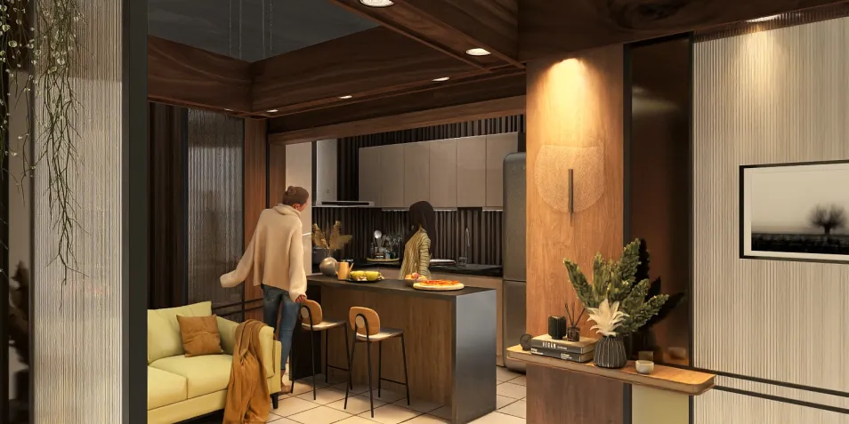 modern kitchen with couples preparing food in a cozy interior design style featuring open space and warm lighting, utilizing Homestyler's real-time 3D rendering for instant design previews.