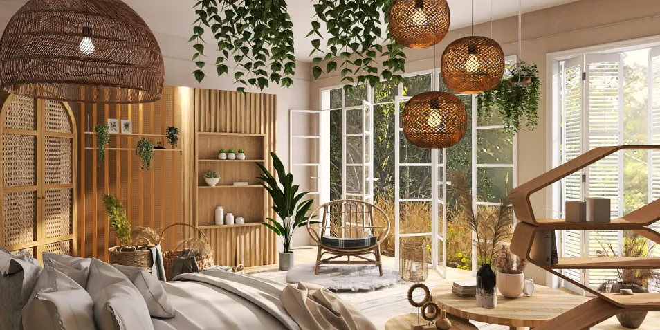modern bedroom layout featuring woven light fixtures and natural plants in a cozy atmosphere, showcasing interior decor optimization using Homestyler's real-time 3D rendering feature.
