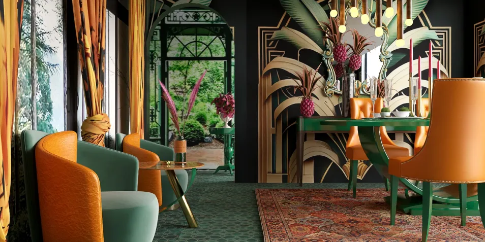 Stylish seating arrangement with vibrant colors and tropical wallpaper, creating a modern and luxurious dining space, featuring Homestyler's real-time 3D rendering for design visualization.