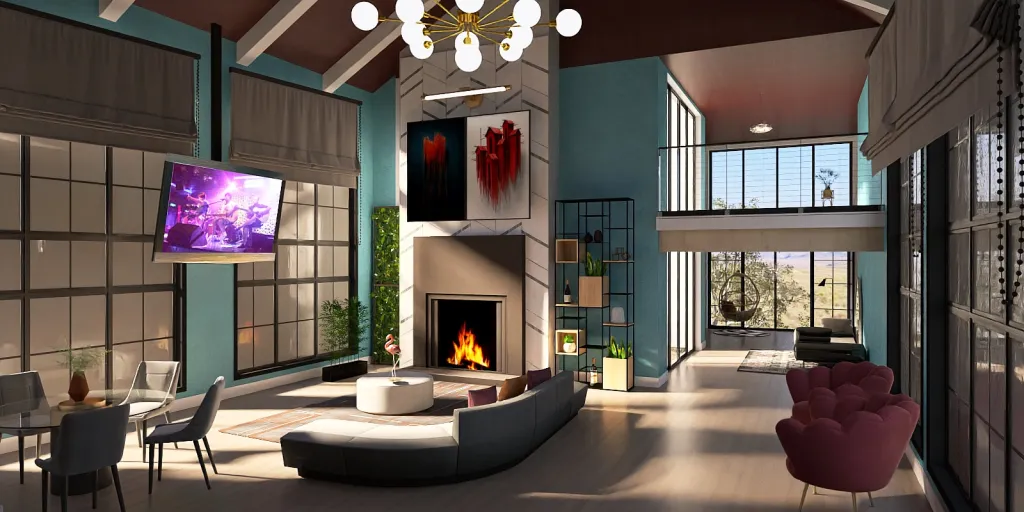a living room with a fireplace and a large fire place 
