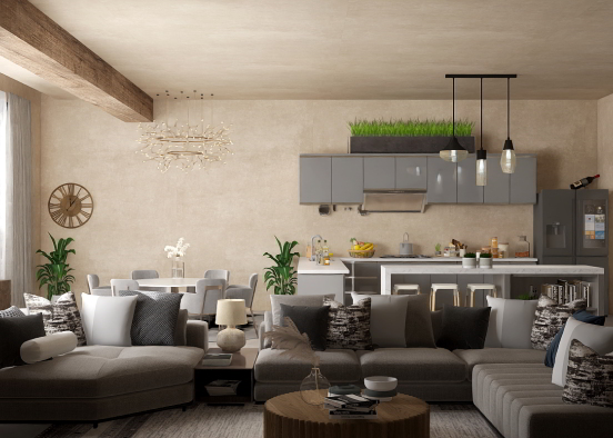 Family room and kitchen open concept Design Rendering