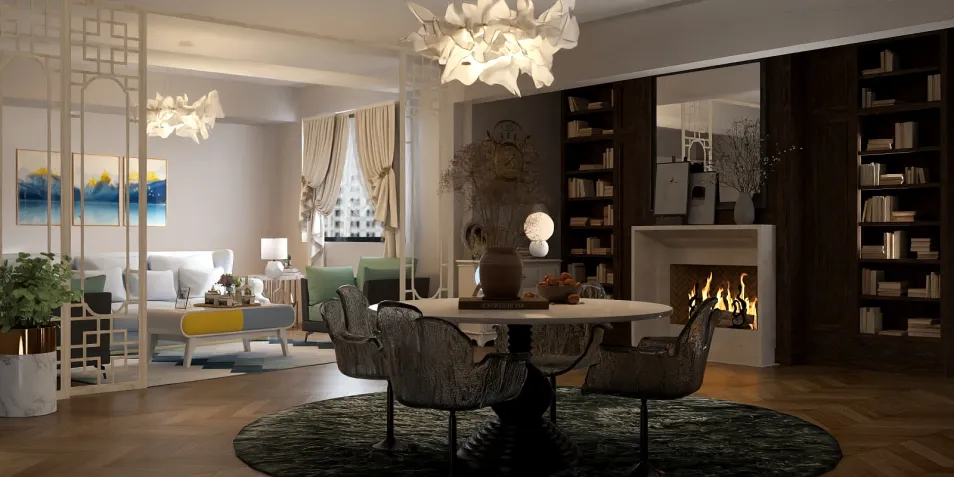 Elegant dining area with stylish furniture arrangement in a modern interior design style, showcasing an inviting ambiance for social gatherings, featuring Homestyler's real-time 3D rendering to visualize design concepts.