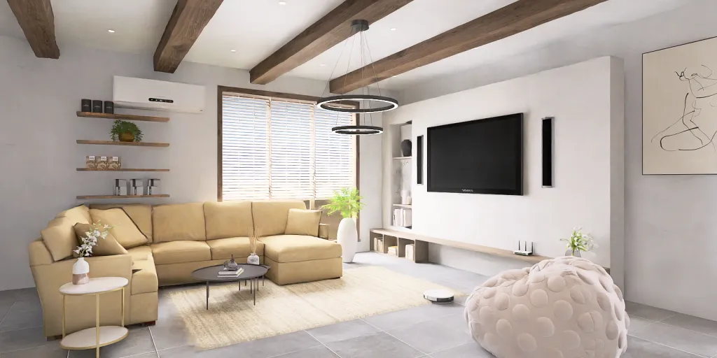 a living room with a couch, tv and a coffee table 