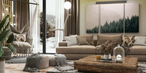 cozy living room with comfortable furniture arranged for relaxation and a rustic style featuring a nature-themed painting, showcasing Homestyler's real-time 3D rendering functionality.