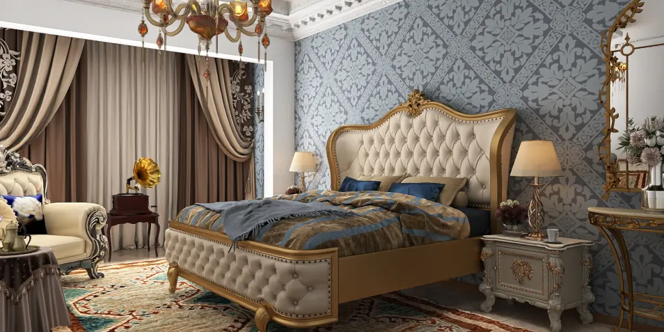 luxurious bedroom design featuring an ornate upholstered bed with elegant bedding and decorative pillows, complemented by a stylish chandelier and tasteful curtains, showcasing interior decor elements using Homestyler's real-time 3D rendering feature