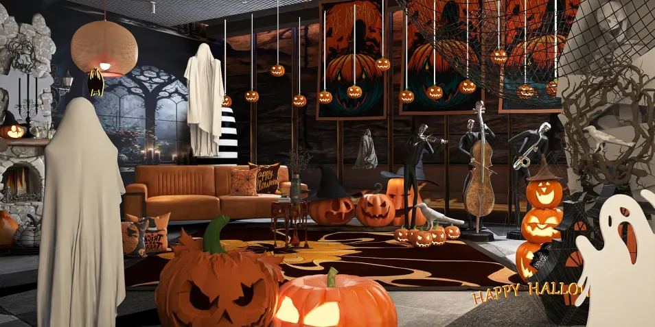 spooky Halloween decorations featuring pumpkins and ghosts in an eerie living room design with cozy furniture, showcasing a festive autumn atmosphere, using Homestyler's real-time 3D rendering feature.