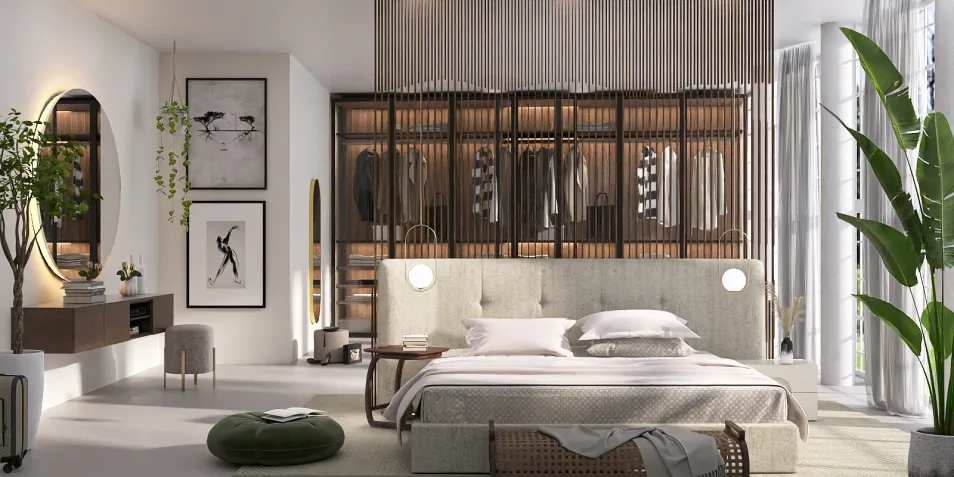modern bedroom design featuring a spacious layout with smart furniture arrangement, incorporating open shelving and a calming color palette, showcasing Homestyler's real-time 3D rendering functionality.