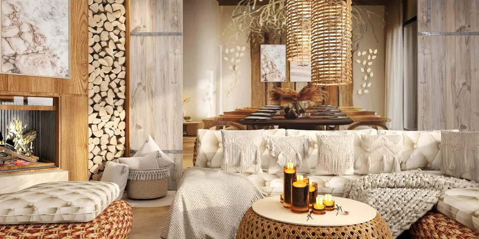 cozy living room with modern decor showcasing a warm and inviting atmosphere featuring a stylish furniture arrangement in a rustic style along with homestyler's real-time 3D rendering for a design preview.