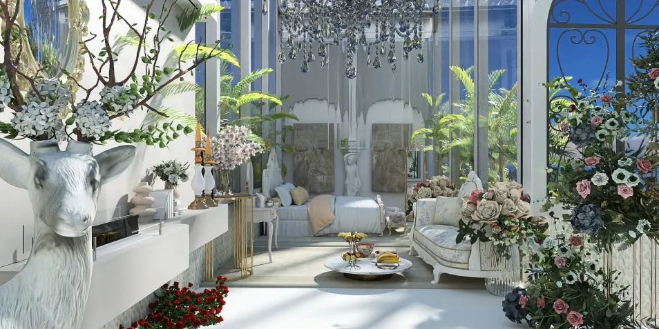 luxurious living room featuring elegant floral arrangements and a chandelier, showcasing a sophisticated interior design style, utilizing Homestyler's real-time 3D rendering capability