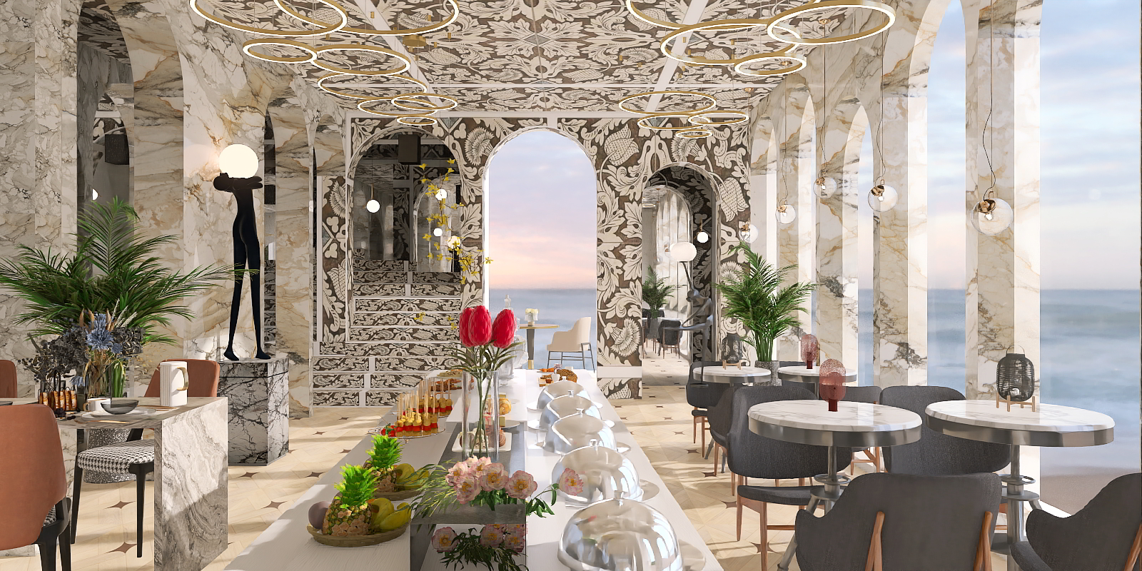 Dinner buffet with sunset
