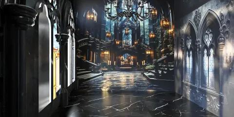 dark themed interior design featuring gothic architecture and ornate chandeliers, showcasing a dramatic spatial value, using Homestyler's real-time 3D rendering feature.