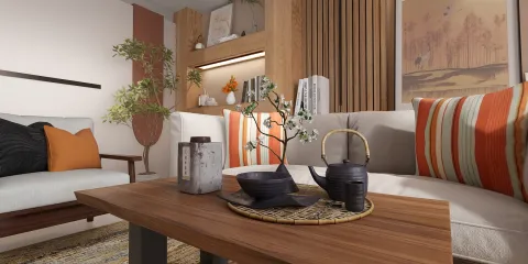 modern living room with a coffee table arrangement featuring tea set and decorative plants, showcasing cozy interior design and smart furniture layout using Homestyler's real-time 3D rendering feature.