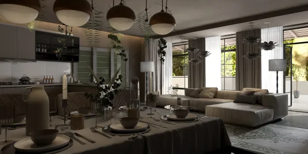 modern dining area with elegant table setting featuring soft lighting and greenery, showcasing interior decor design; includes Homestyler's real-time 3D rendering feature for enhanced visualization.