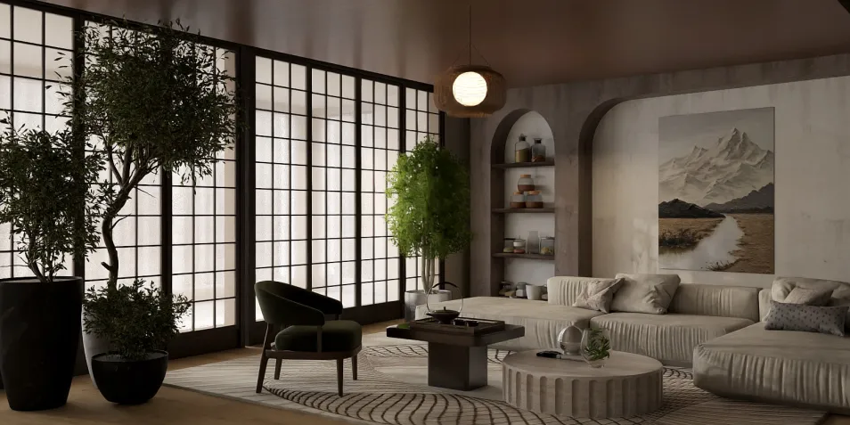 Cozy living room with modern furnishings featuring smart furniture arrangement, minimalist style, enhancing the comfort of the space using Homestyler's real-time 3D rendering.