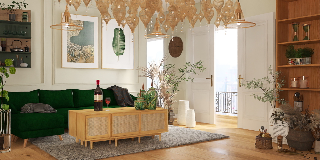 a living room with a couch, table, and a window 