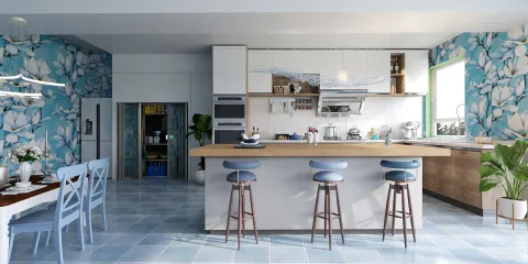 Modern kitchen featuring floral wallpaper and an open layout, designed for an inviting atmosphere with smart furniture arrangement using Homestyler's real-time 3D rendering.