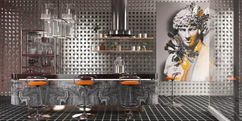 modern kitchen with stylish bar stools and artistic decor featuring a sculpture, showcasing contemporary interior design with real-time 3D rendering from Homestyler.