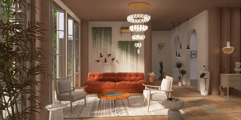 a living room with a couch, chair, and a rug 