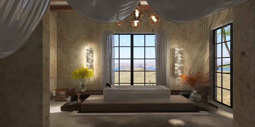 a room with a large window and a large bed 