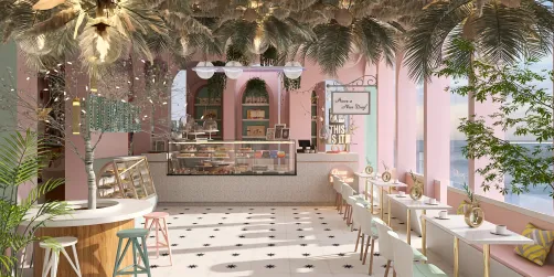 Coffee shop interior featuring a bright and airy design with palm leaves decor and pastel colors, showcasing Homestyler's real-time 3D rendering for an engaging customer experience.