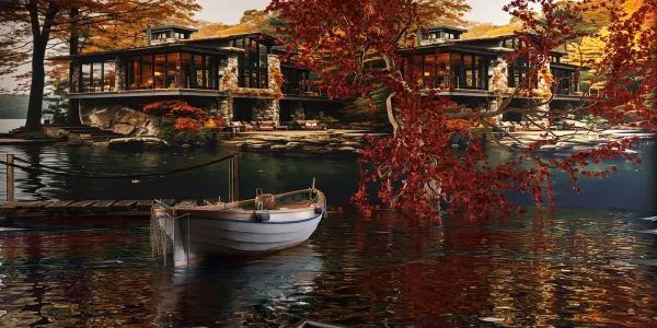 Scenic waterfront view featuring a boat, surrounded by autumn trees, showcasing rustic residential architecture in an idyllic natural setting, optimized for peaceful retreat interiors using Homestyler's real-time 3D rendering.