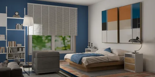 modern bedroom design featuring a cozy bed arrangement with a stylish bedside table, showcasing a blend of vibrant and neutral colors for an inviting atmosphere, utilizing Homestyler's real-time 3D rendering for enhanced visual appeal.
