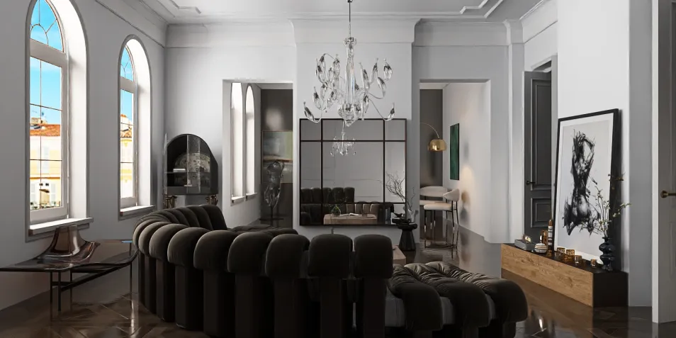 curved sofa arrangement optimizing space in a modern living room style showcasing a cozy atmosphere with Homestyler's real-time 3D rendering feature