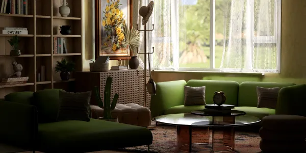 Green sectional sofas arranging around a coffee table in a cozy living room, featuring modern decor elements and natural light, showcasing interior design optimization using Homestyler's real-time 3D rendering.