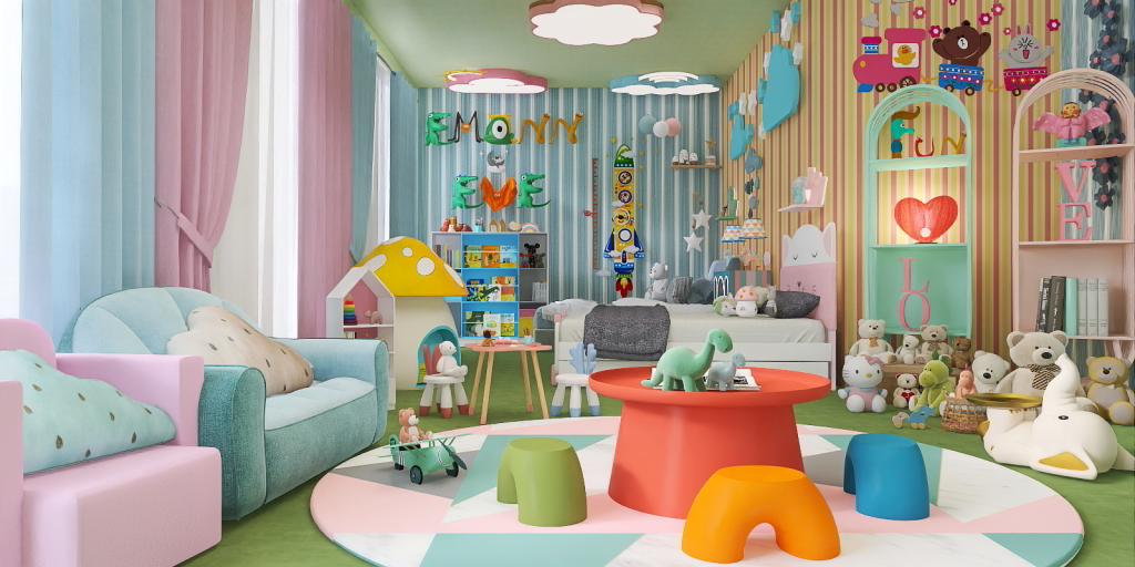 a living room filled with furniture and a small child's room 
