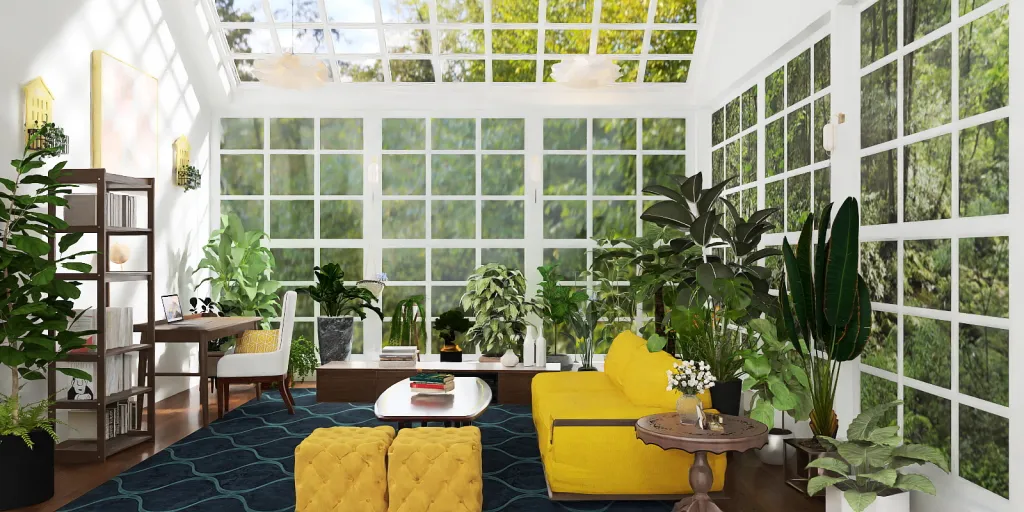 a living room with a large window and a large plant 