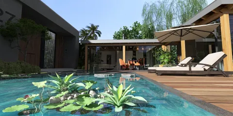 outdoor pool surrounded by lush greenery featuring sun loungers and a patio umbrella in a modern design style, showcasing a tranquil outdoor living space with Homestyler's immersive 3D rendering capability.