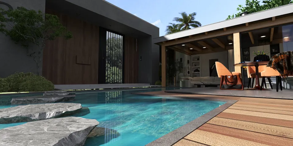 modern exterior design showcasing a swimming pool and terrace with natural stone elements, enhancing outdoor relaxation area with Homestyler's real-time 3D rendering feature.