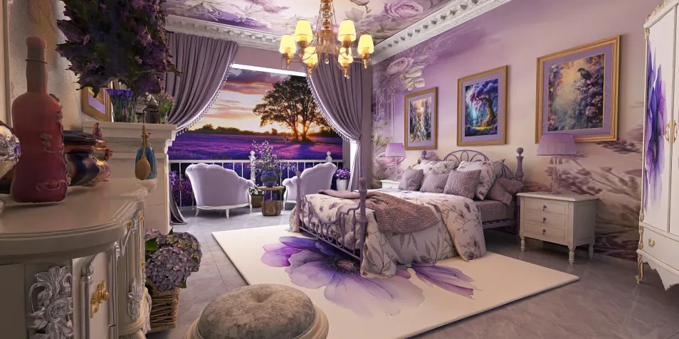 a beautifully designed bedroom featuring floral wallpaper and elegant furnishings, showcasing a romantic style with a soothing purple color palette, perfect for enhancing comfort and aesthetic appeal, utilizing Homestyler's real-time 3D rendering feature.