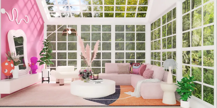 a living room with a pink couch and a pink rug 