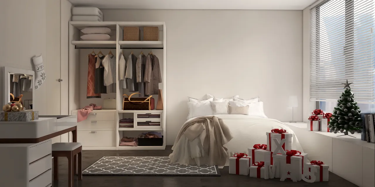 a bedroom with a dresser, dresser, and a bed 